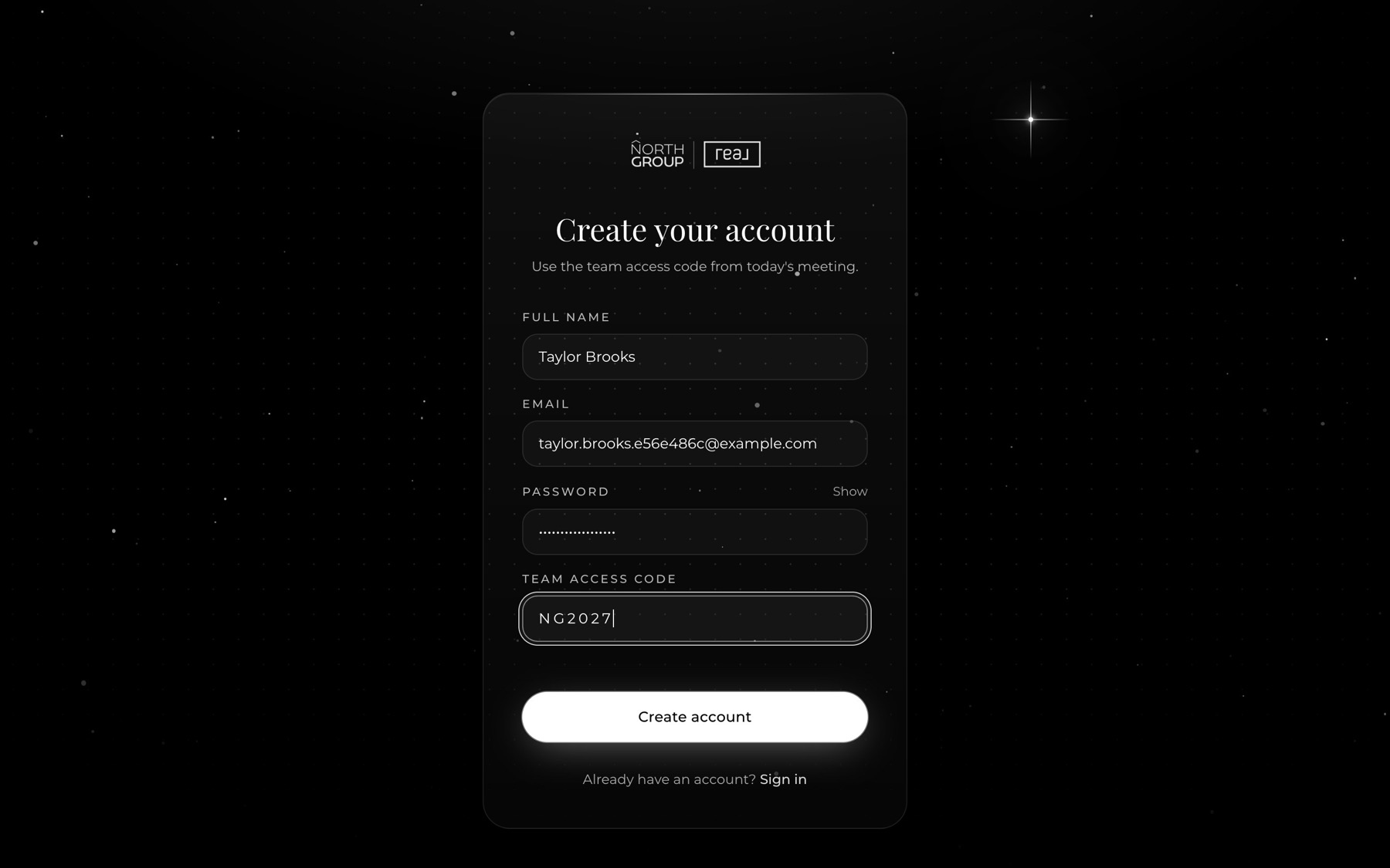 Agent sign-up screen with a team access code
